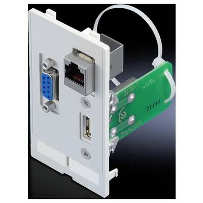 Une prise murale blanche avec ports VGA, Ethernet et USB. Idéale pour des connexions multifonctionnelles dans les réseaux de bureau ou domestiques.