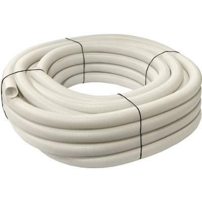 Un grand rouleau de tuyau en plastique blanc ondulé, enroulé et fixé avec des attaches-câbles noires.