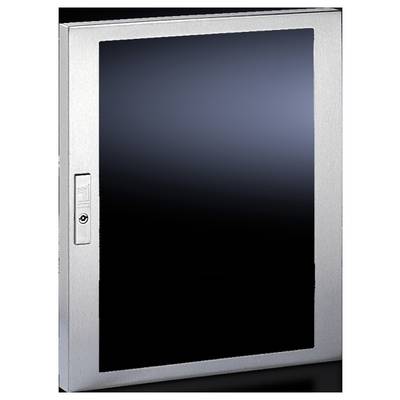 Armoire métallique avec porte vitrée, teintée foncée. La porte est équipée d'une poignée et d'une serrure sur le côté. Reflète légèrement la lumière.