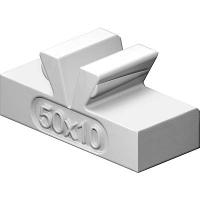 Un bloc de plastique blanc avec l'inscription gravée '50x10'. Le bloc a une forme rectangulaire et deux saillies sur le dessus.