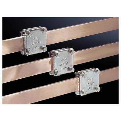 Trois rails de cuivre avec des attaches en argent montées dessus, étiquetés 'Rittal SV 9344 3014', sur un fond noir.