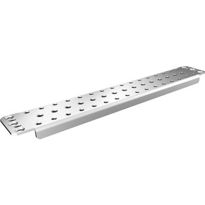 Une longue pièce métallique plate avec des rangées de trous ; elle pourrait servir de rail de montage ou de connecteur dans des applications mécaniques.