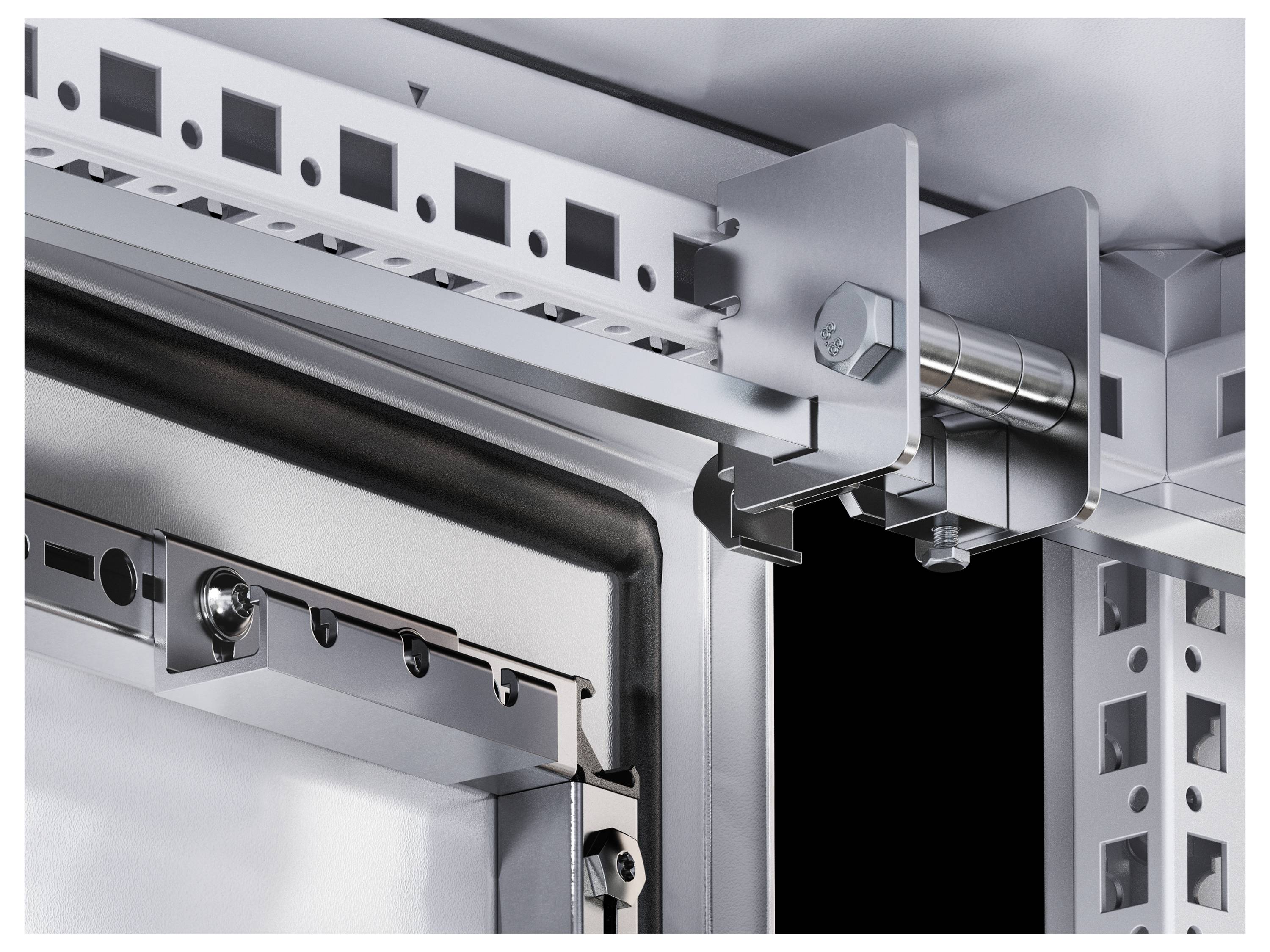 Vue détaillée d'un cadre métallique avec système de fixation. Montre des charnières et des vis qui pourraient maintenir une porte ou un couvercle.