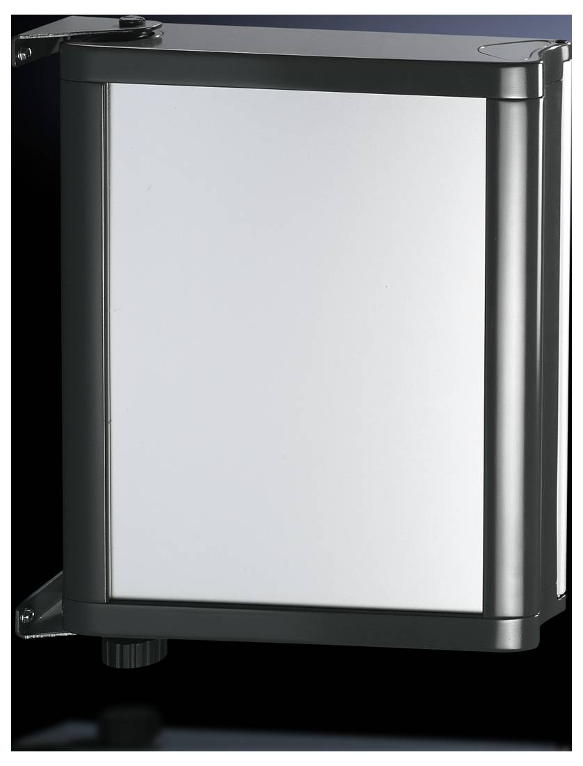 Boîte métallique argentée, rectangulaire, avec un cadre noir et des angles arrondis, sur un fond noir.