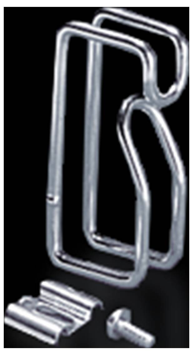 Crochets métalliques, agrafe métallique et vis sur fond noir. Composants principaux pour des fixations ou des travaux de montage.