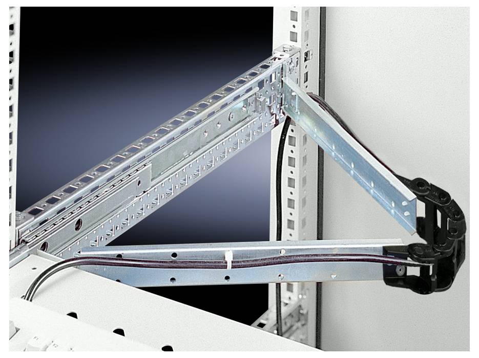 Système de gestion de câbles métallique avec rails et bras pour le support et l'organisation des câbles dans un rack serveur.