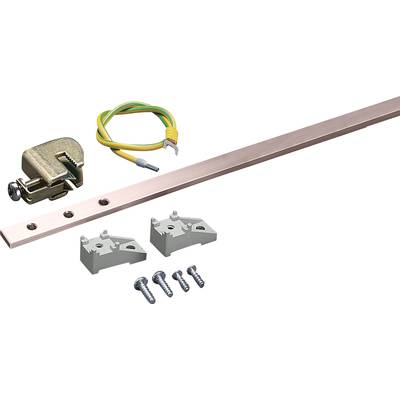 Rail de mise à terre métallique avec vis, deux supports, borne de terre et câble vert-jaune. Composants pour installations électriques.