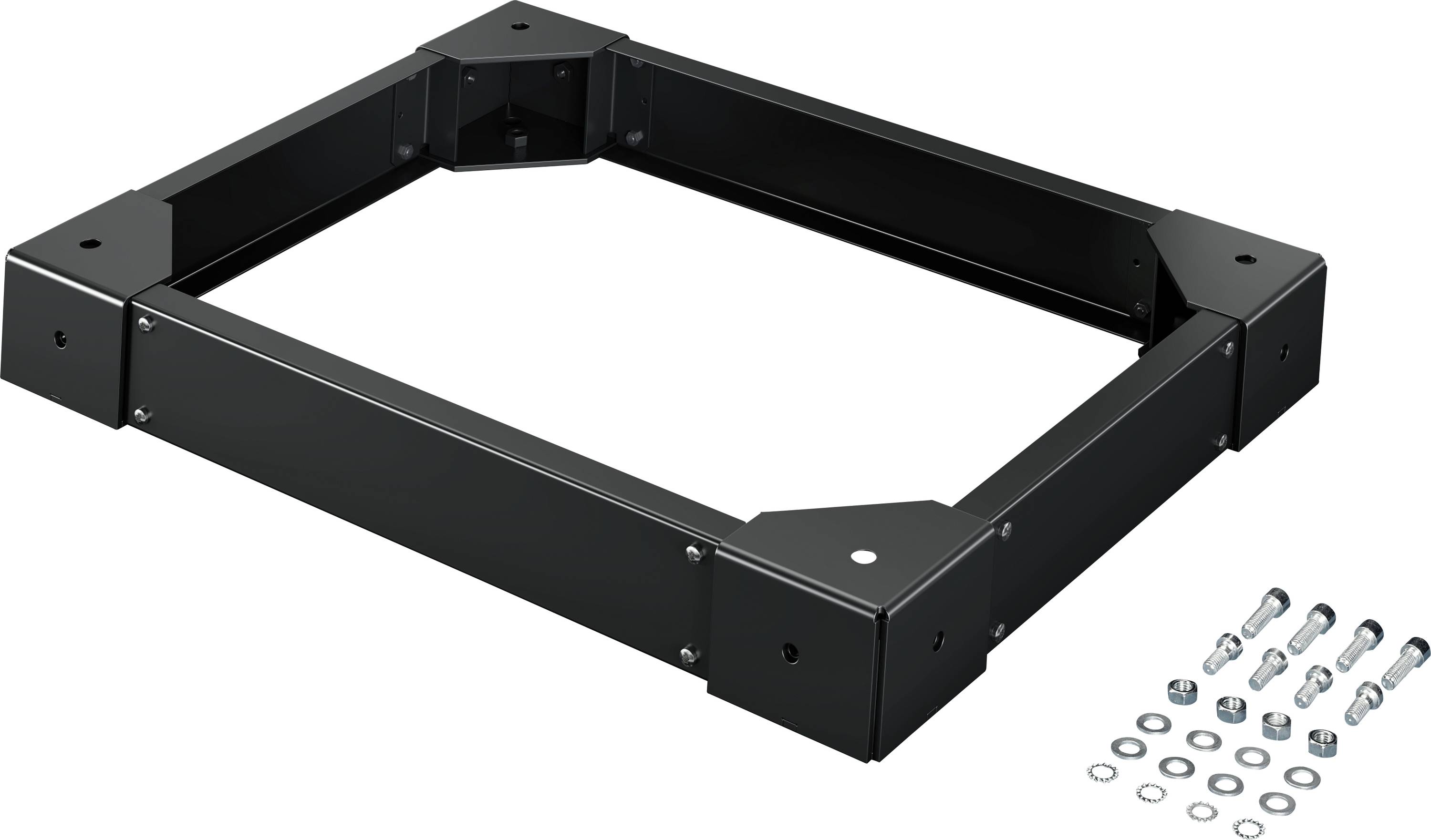 Un cadre rectangulaire en métal noir avec des vis, des écrous et des rondelles à côté, probablement destiné à l'assemblage.