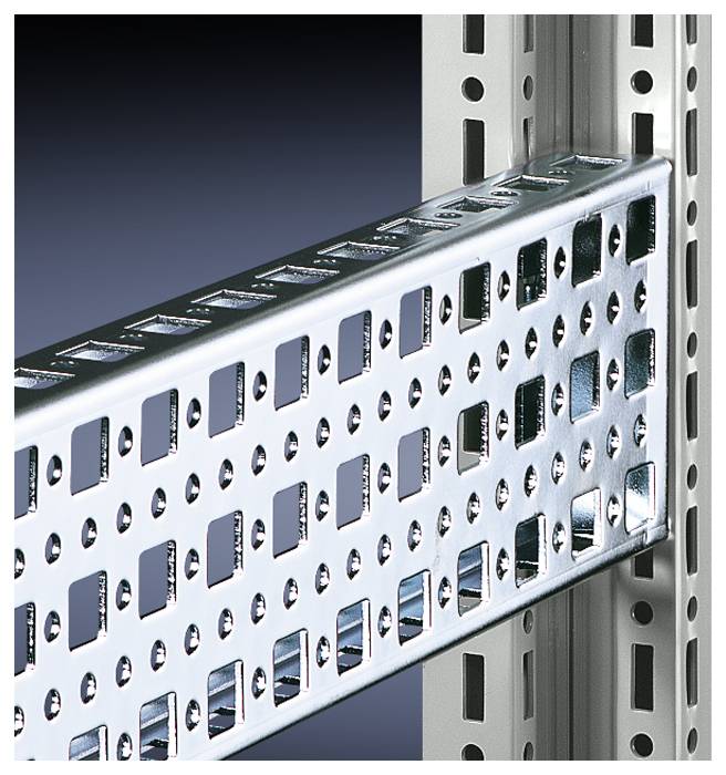 Système porteur métallique avec motif de perforations, fixé sur des rails verticaux. Adapté pour le montage et la fixation dans les projets de construction.