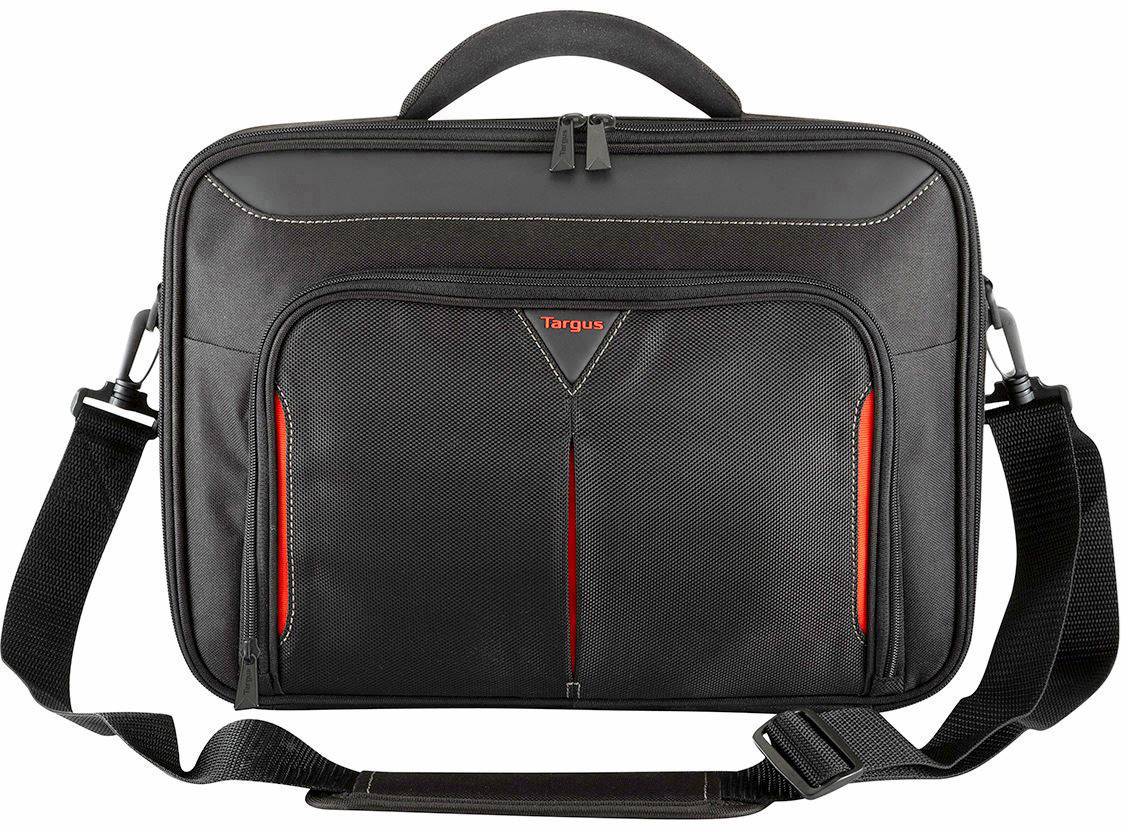 Sacoche pour ordinateur portable noir avec poignée et bandoulière, détail rouge distinctif au centre ; adaptée aux usages professionnels.