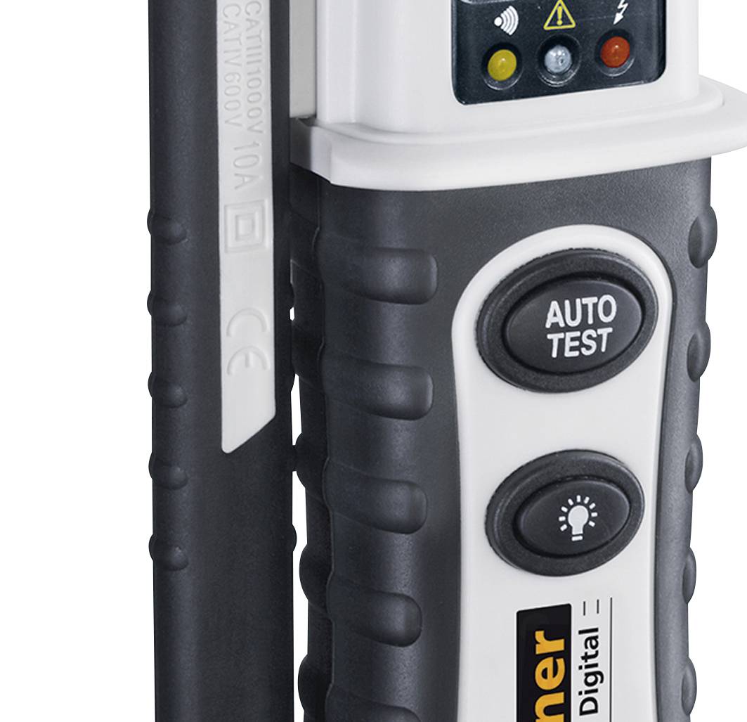 Testeur de tension numérique avec affichage LED, commutateurs pour test automobile et indicateurs d'avertissements de sécurité.