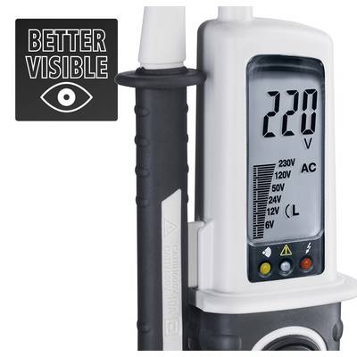 Un testeur de tension indique "220 V". Un symbole avec un œil et l'inscription 'Better Visible' est situé sur le côté gauche.