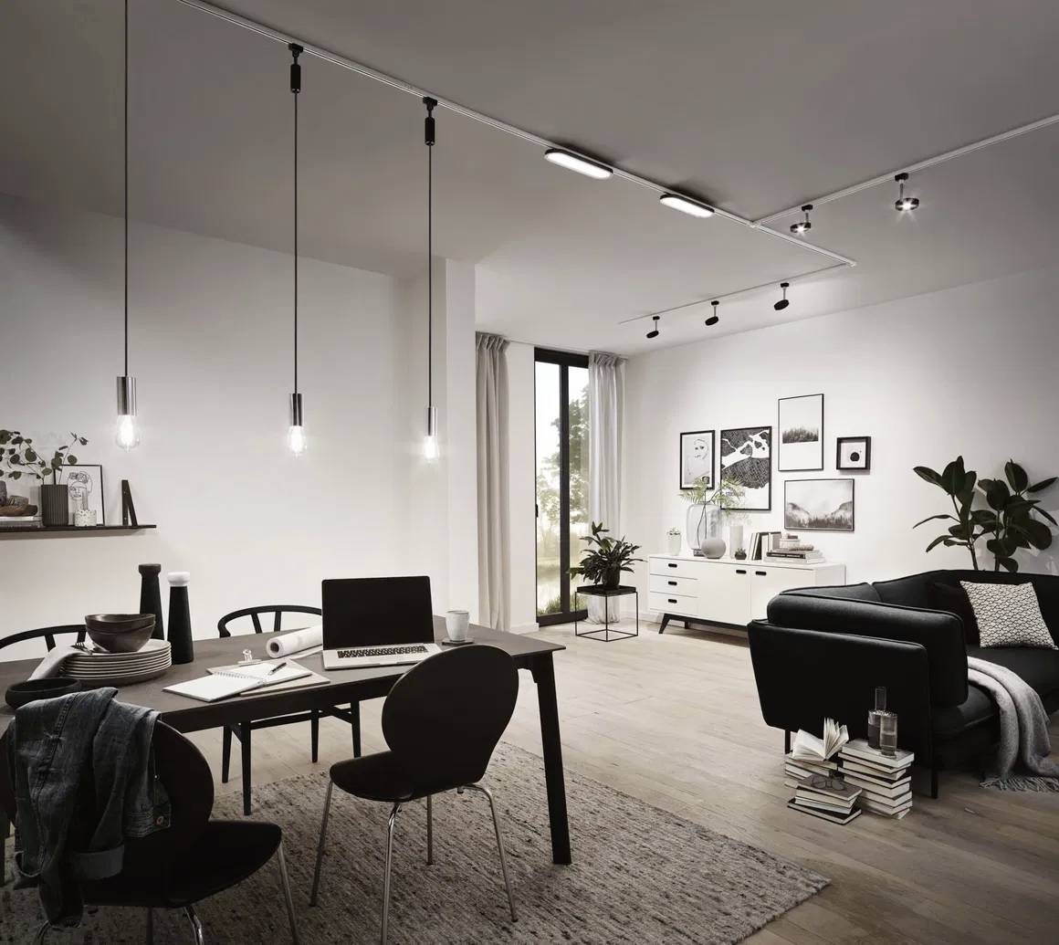 Un salon aménagé de manière moderne avec des lampes suspendues, une table avec un ordinateur portable et des chaises, ainsi qu'un canapé et des plantes dans le coin.