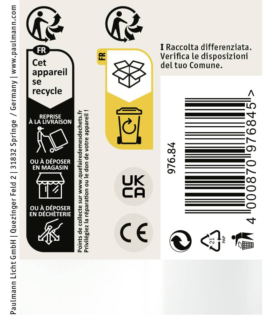 Étiquette sur l'emballage avec instructions de recyclage en français et en italien. Contient des symboles pour le retour ou l'élimination des produits.