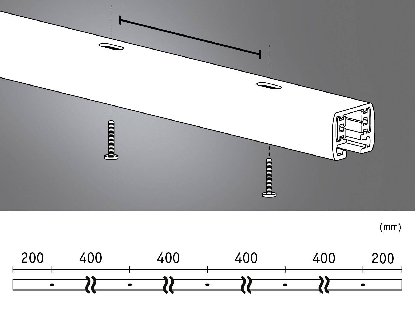 La figure montre un profil de plafond avec des trous percés à des intervalles de 400 mm, en commençant par un espacement de 200 mm aux extrémités.