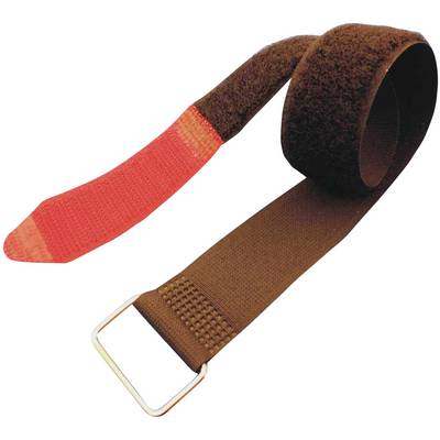 Ceinture marron à scratch avec extrémité rouge et boucle métallique, enroulée.