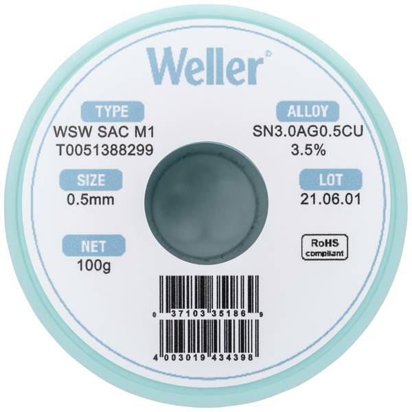 Étain à souder sans plomb Sn3,0Ag0,5Cu 0.5 mm Weller WSW SAC M1 bobine 100 g