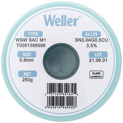 Étain à souder sans plomb Sn3,0Ag0,5Cu 0.8 mm Weller WSW SAC M1 bobine 250 g