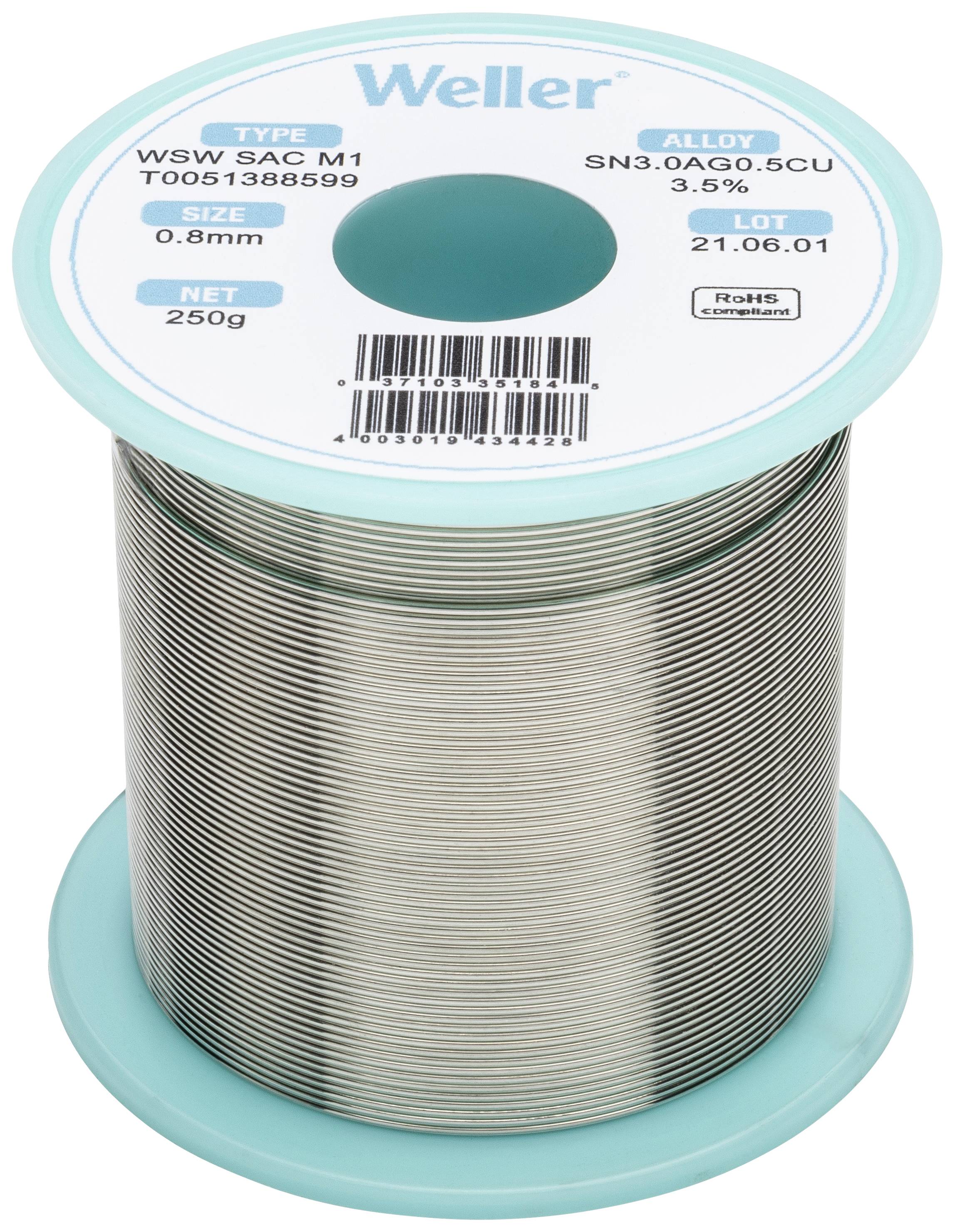 Rouleau de fil à souder portant l'inscription 'Weller'. Caractéristiques : Type WSW SAC M1, alliage SN3.0AG0.5CU, diamètre 0,8 mm, poids net 250 g.