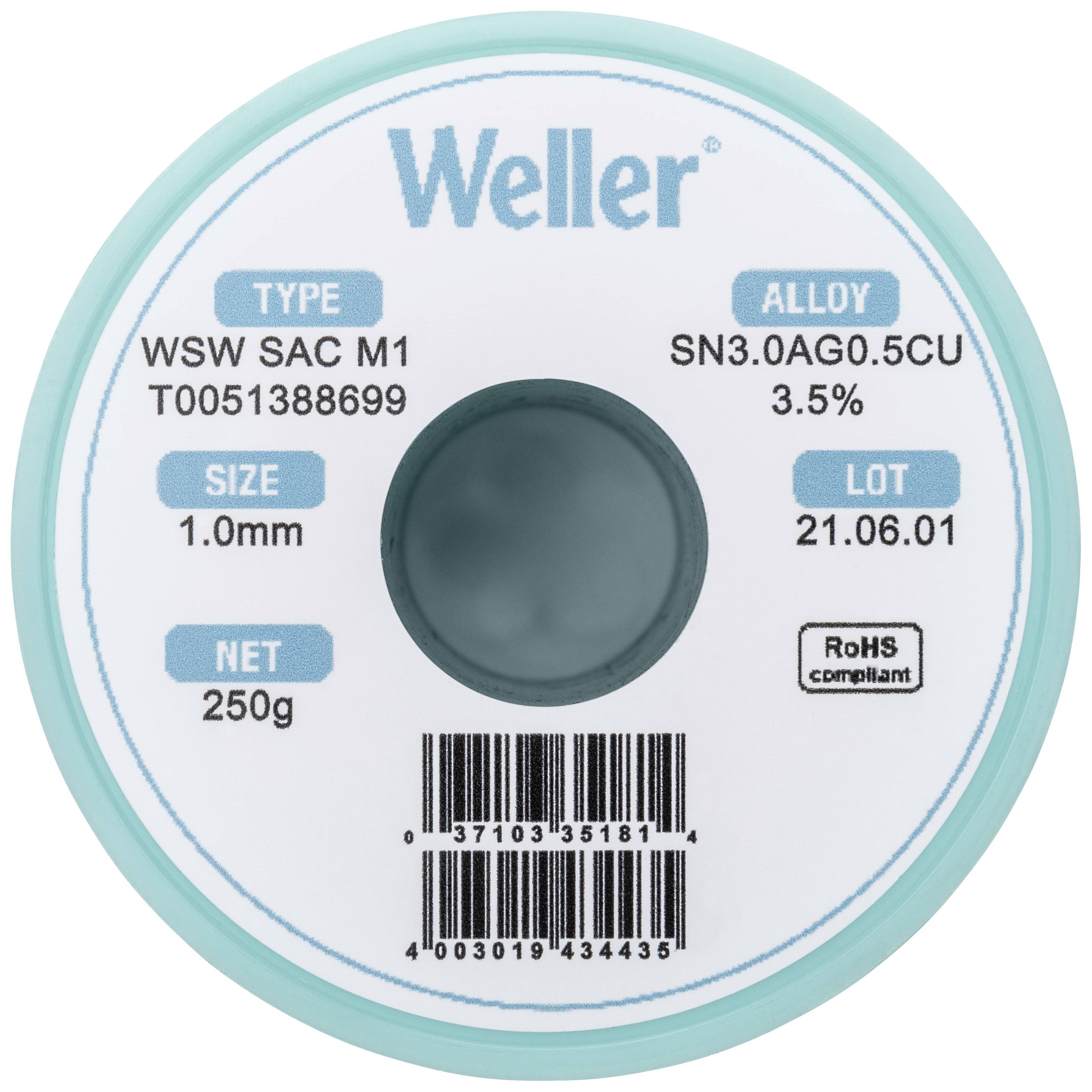 Un rouleau de fil à souder Weller. Type : WSW SAC M1, alliage : SN3.0AG0.5CU, diamètre : 1,0 mm, poids : 250 g, lot : 21.06.01.
