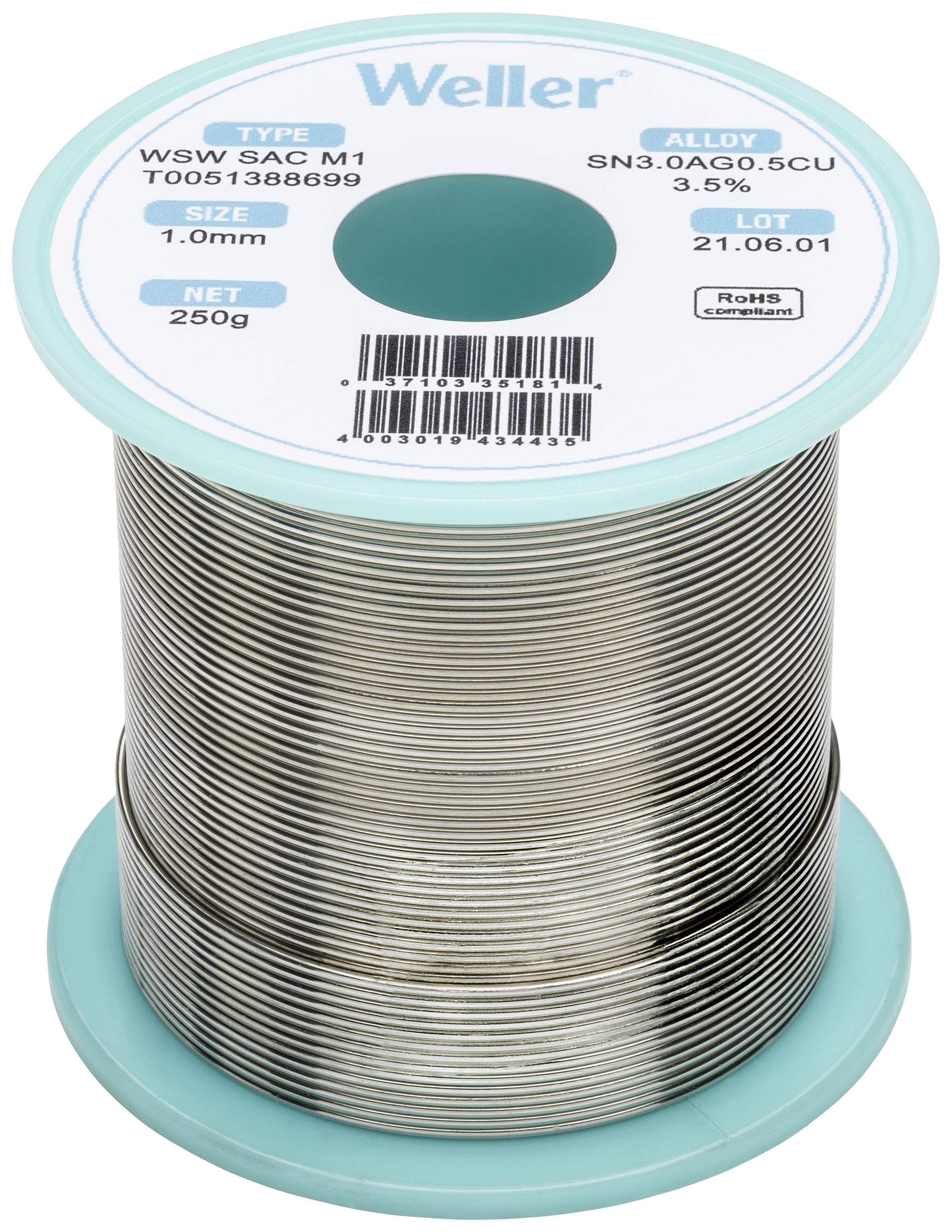 Un rouleau de soudure de la marque Weller, type WSW SAC M1, d'un poids de 250g et d'un diamètre de 1,0mm.