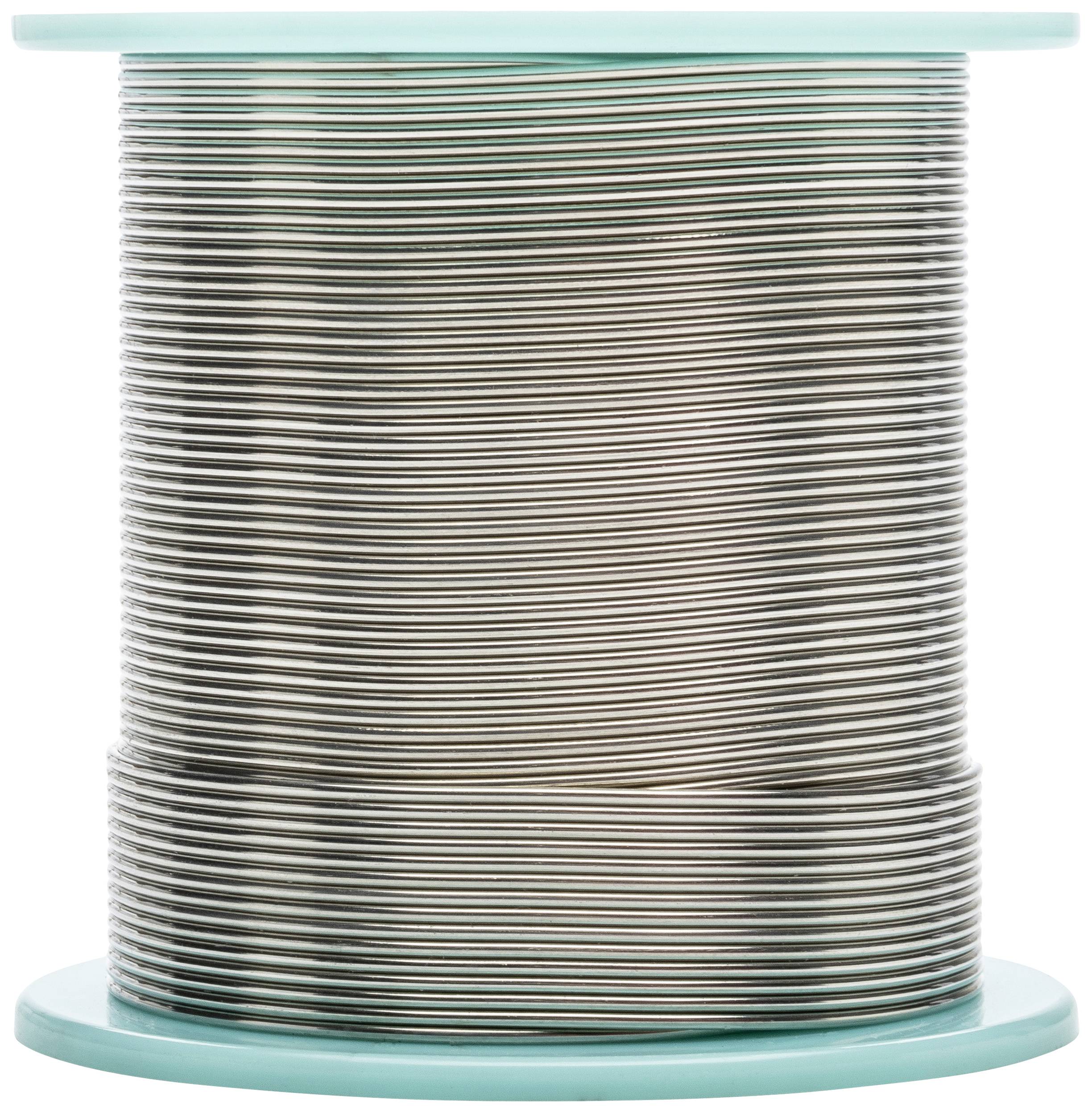 Une grande bobine de fil d'argent, enroulée sur un tube en plastique bleu clair.