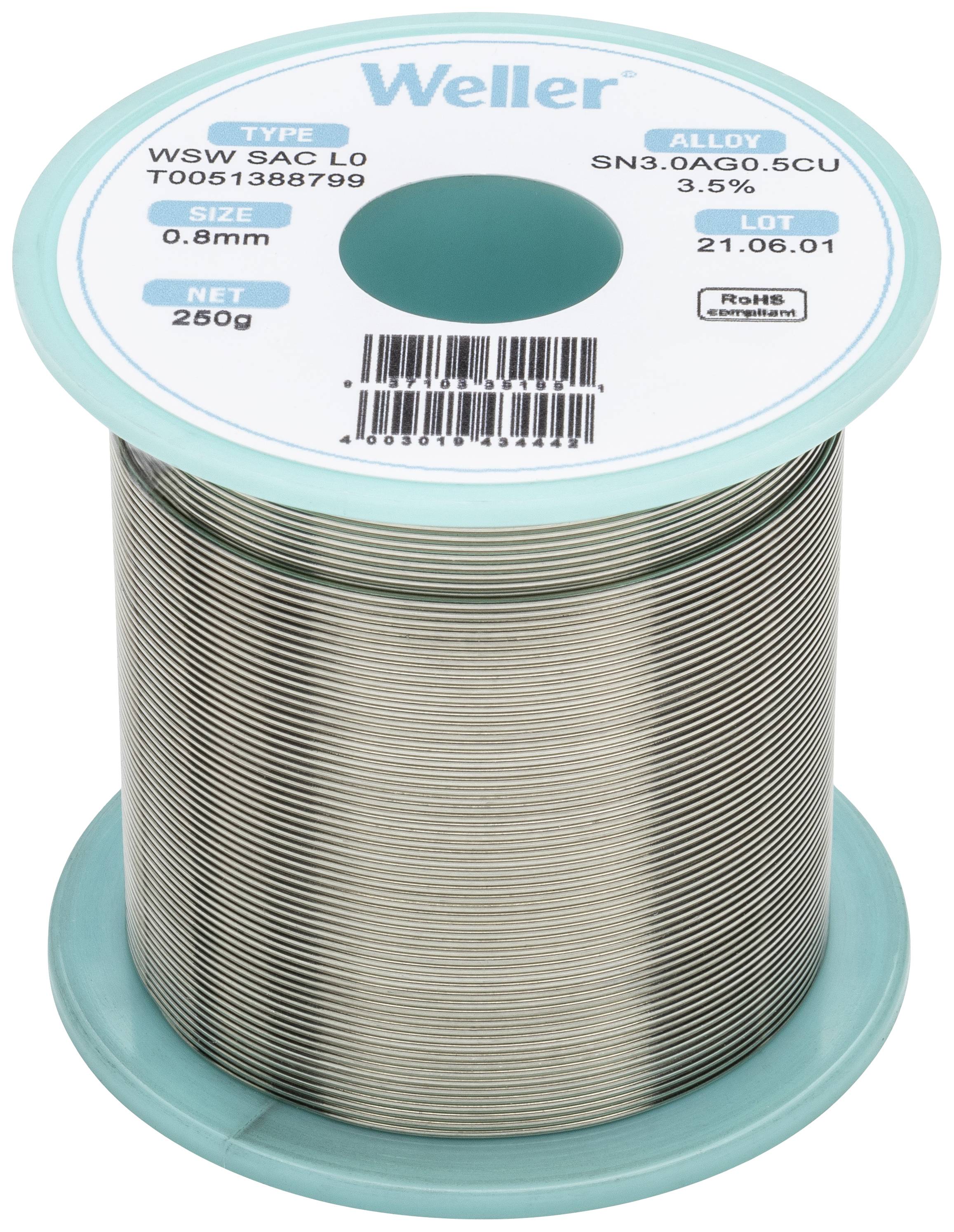 Un rouleau de soudure de la marque 'Weller', type WSW SAC L0, diamètre de fil 0,8 mm, alliage d'étain à 3,5 %, poids net 250 g.
