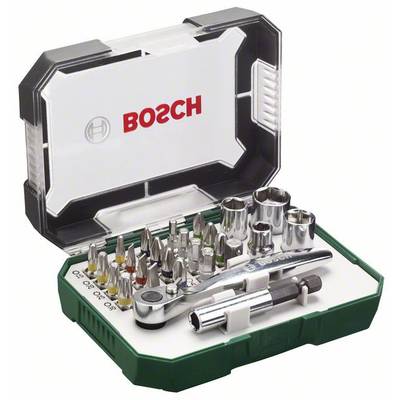 Coffret d'outils Bosch dans un boîtier ouvert, contenant des embouts de tournevis et des clés à douille de différentes tailles, emballage vert et blanc.