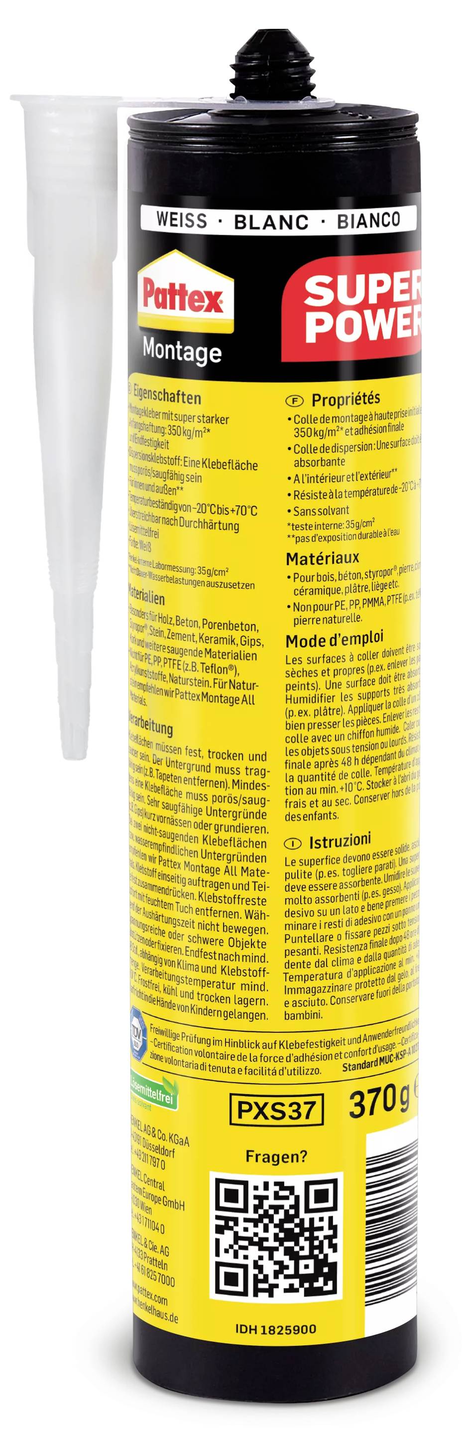 Cartouche de colle de montage Pattex Super Power, étiquette jaune indiquant les caractéristiques et le mode d'emploi. Contient un code QR et pèse 370 g.