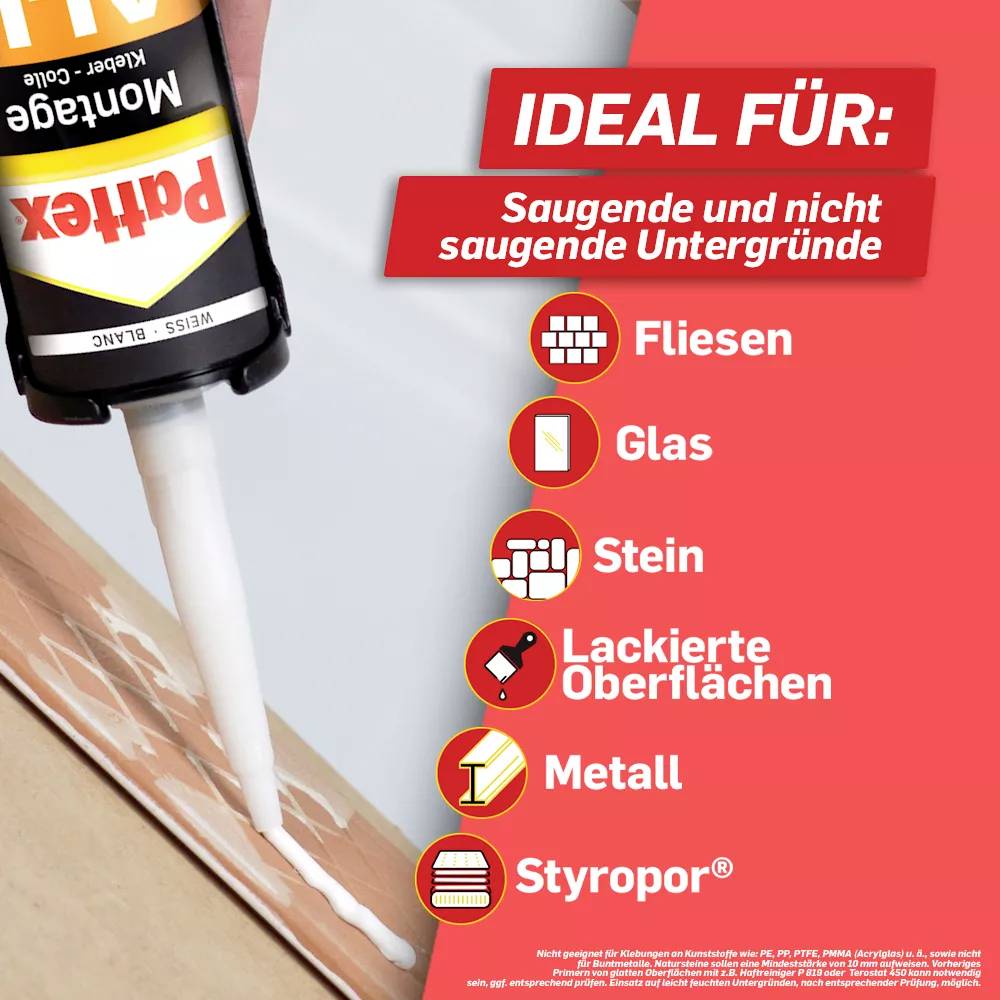 Une main utilise un tube de colle de montage. En haut est inscrit 'IDÉAL POUR : Supports absorbants et non absorbants' avec des symboles représentant différents matériaux.