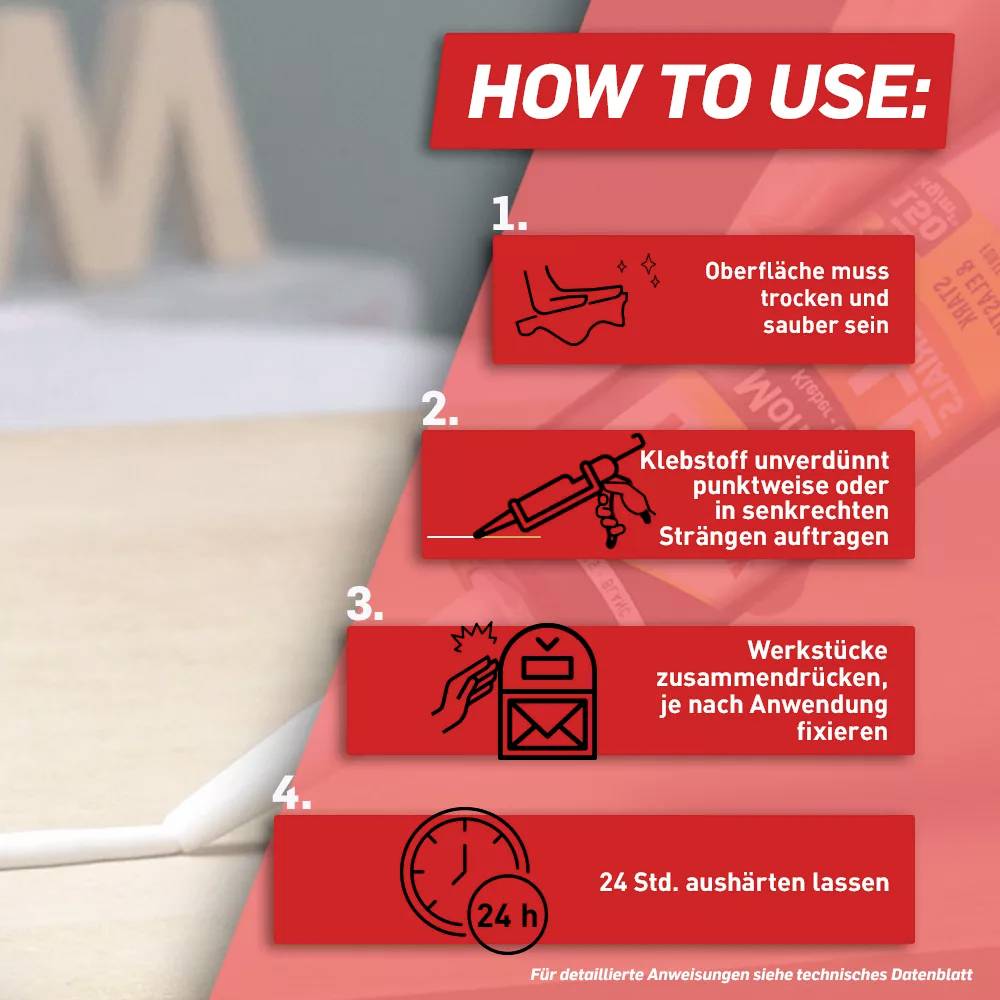 Instructions pour l'utilisation d'une colle en quatre étapes : nettoyer la surface, appliquer la colle, presser les parties ensemble, laisser durcir pendant 24 heures.