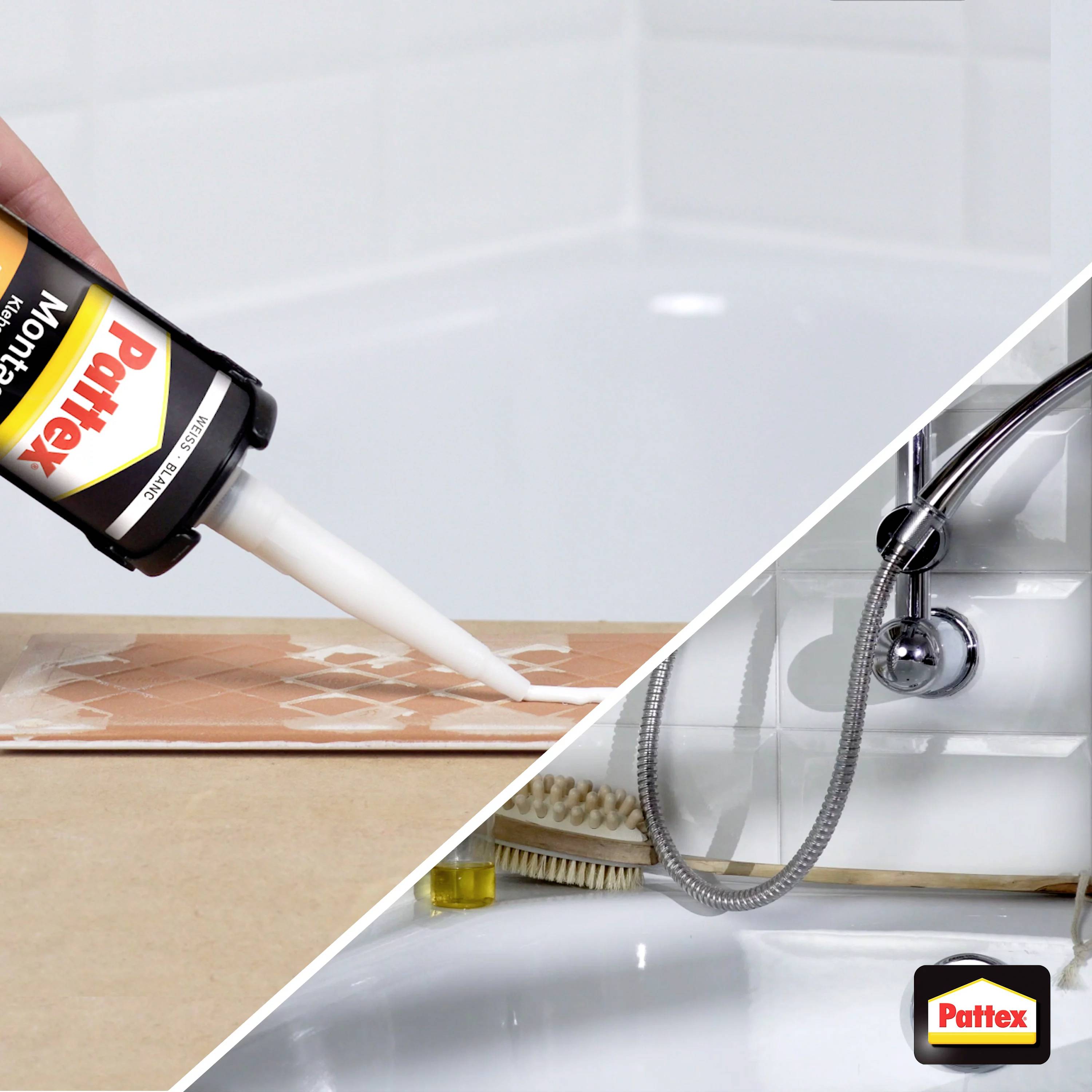 Une personne utilise un tube de colle de montage Pattex pour sceller une salle de bains. À droite, une salle de bains carrelée avec une pomme de douche.