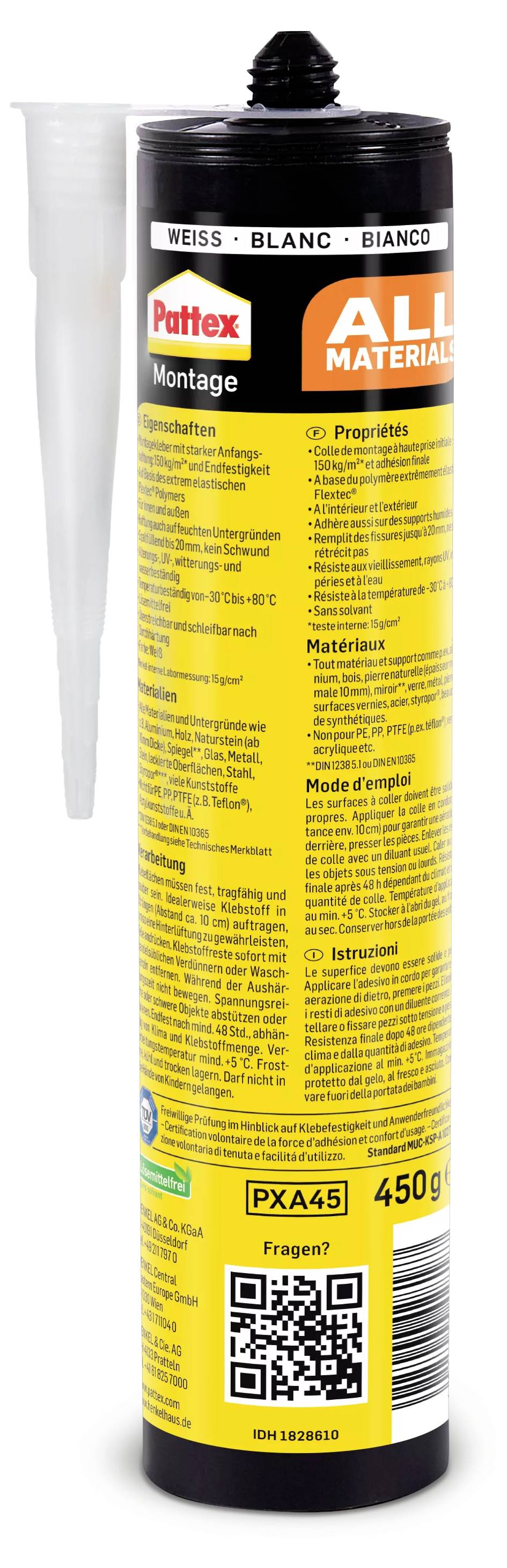 Pattex Montage Tous Matériaux, tube de colle de 450g avec capuchon blanc, adapté à divers matériaux, instructions d'utilisation sur l'étiquette.