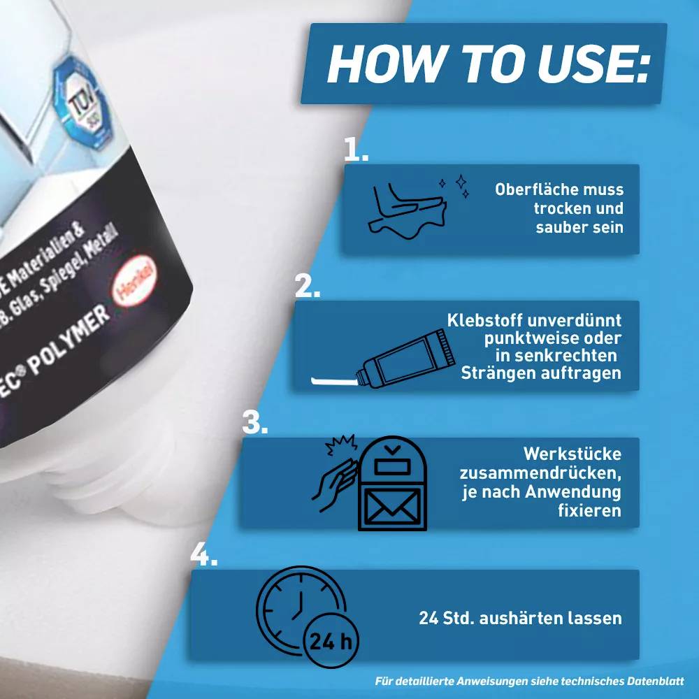 L'extrait illustre un guide en quatre étapes pour l'utilisation d'un produit. Étapes : nettoyer, appliquer la colle, fixer les pièces, laisser sécher pendant 24 heures.