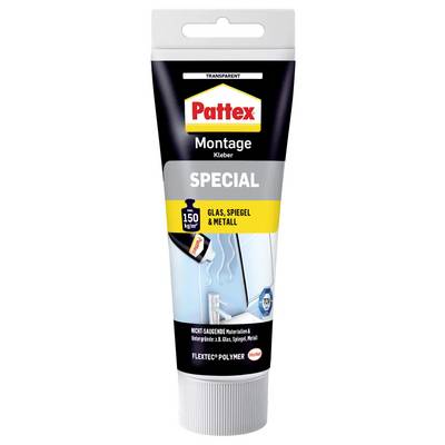 Un tube de colle de montage Pattex SPECIAL pour verre, miroir et métal. Tient jusqu'à 150 kg/m². Adapté aux matériaux non poreux.
