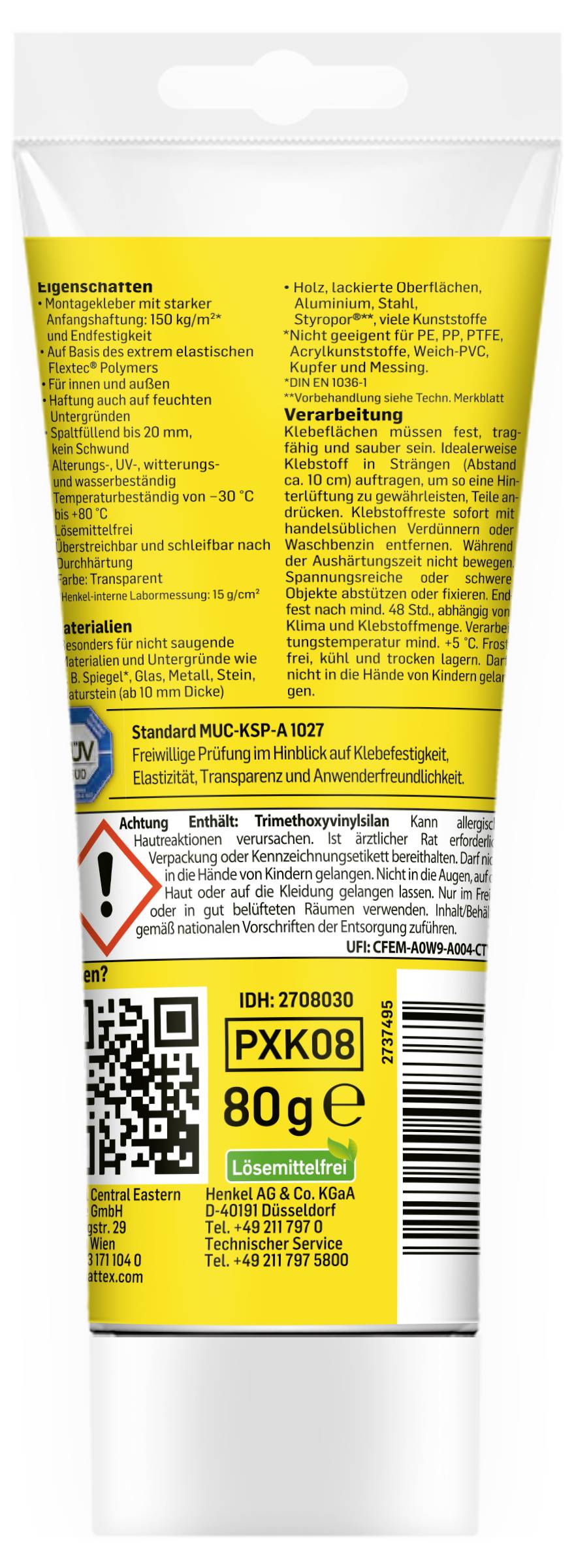 Un tube d'emballage jaune contenant un lubrifiant technique. Comprend des consignes de sécurité, des étapes d'application et un code QR.