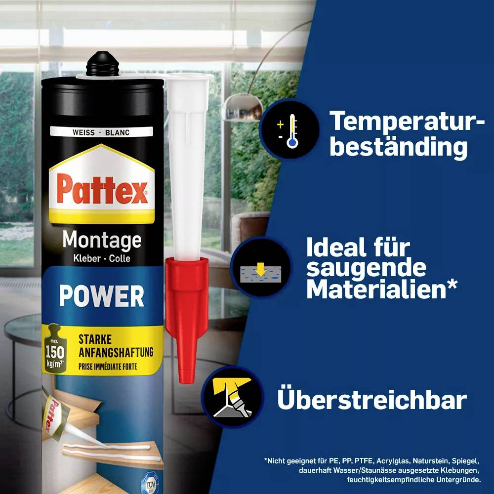 Colle 'Pattex Montage Power' en tube, symbolisant la résistance thermique, adaptée aux matériaux absorbants et recouvrable de peinture.