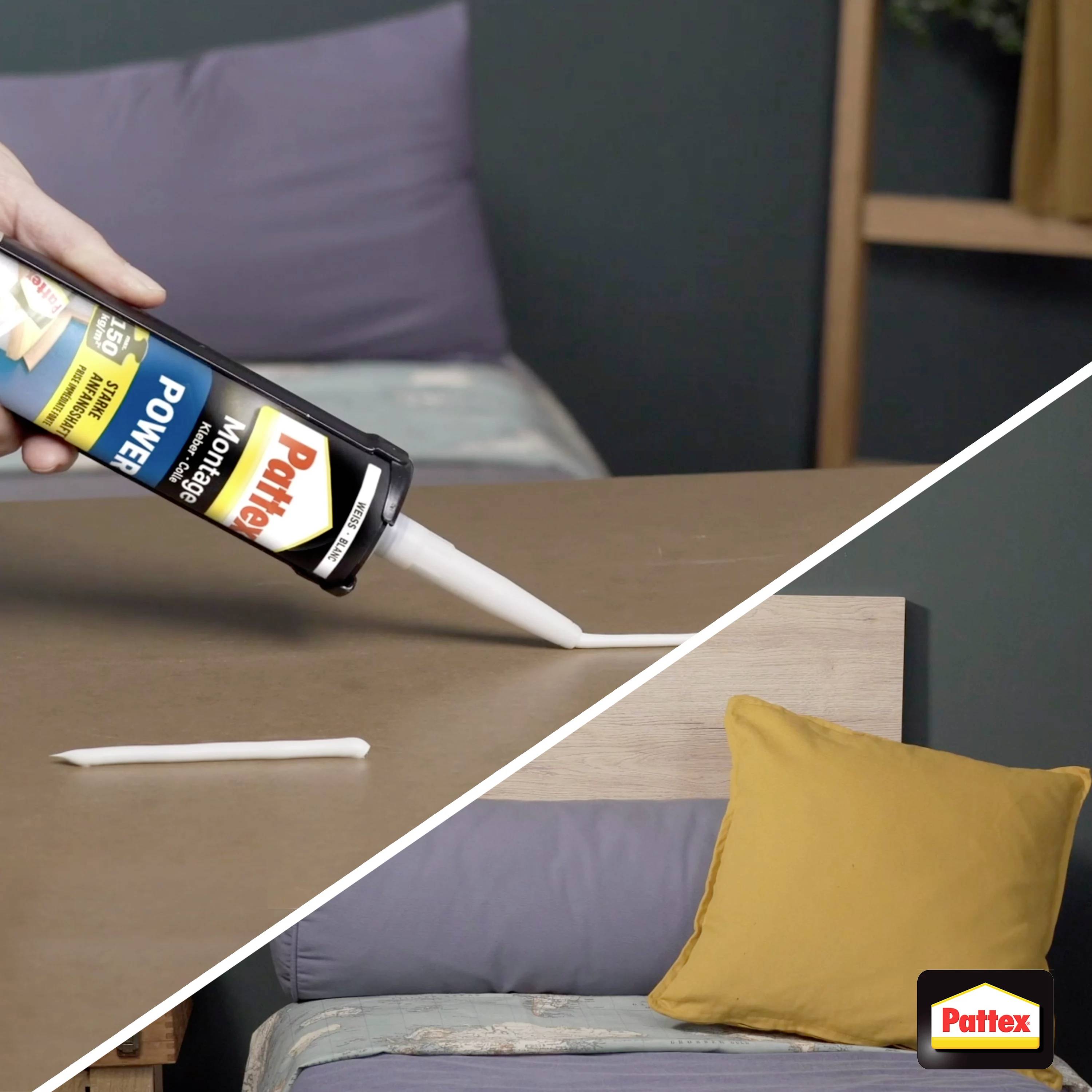 Une main applique une ligne de colle Pattex sur un bord en bois, à côté d'une photo de produit Pattex.