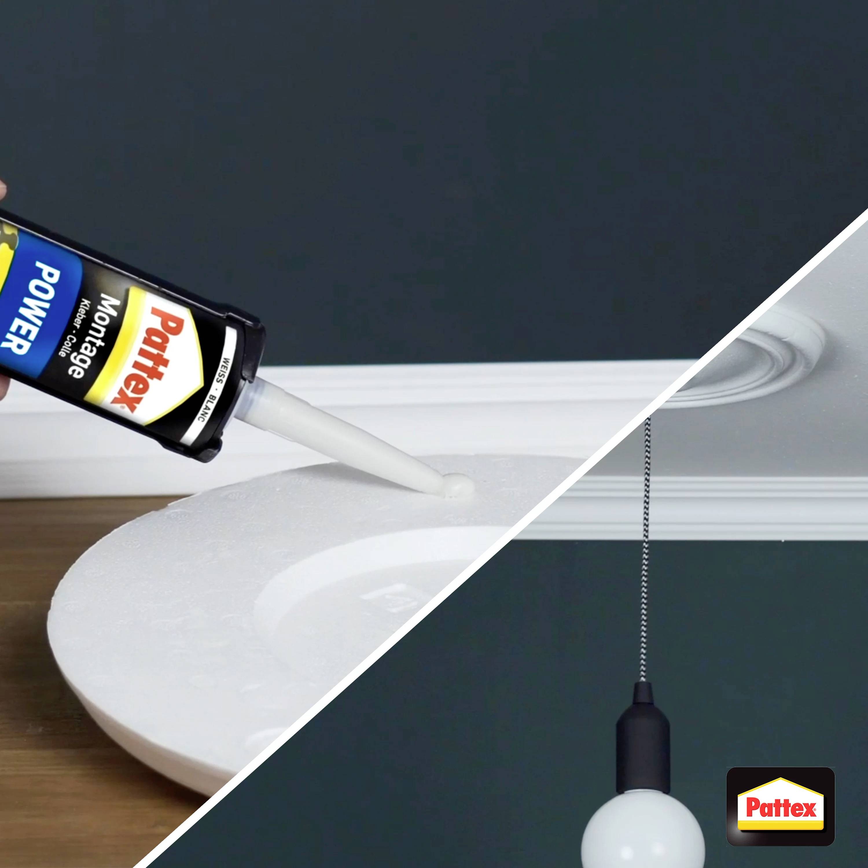 Une main utilise une cartouche Pattex pour appliquer de la colle dans un évidement circulaire. Le logo Pattex est situé en bas à gauche.