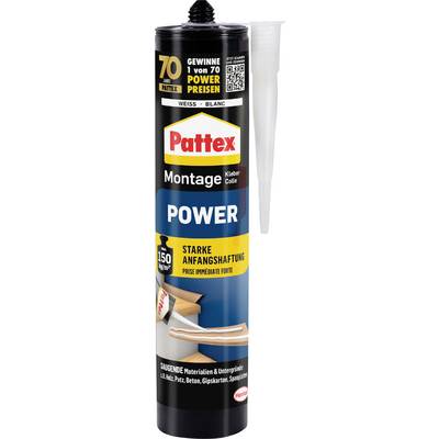 Tube de colle « Pattex Montage Power » avec buse, offrant une résistance immédiate de 150 kg/m². Convient pour des matériaux comme le bois, le plâtre et le béton.