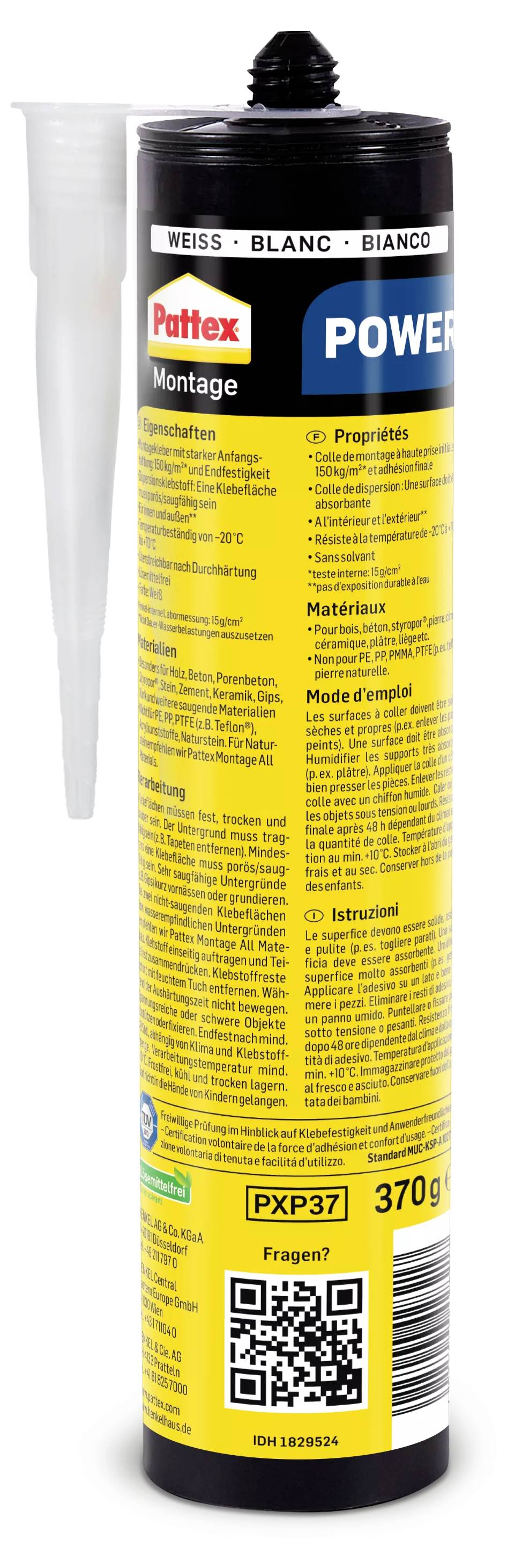Cartouche de colle de montage, marque 'Pattex', 370g. Contient des informations d'utilisation et un code QR. Buse fournie adaptée pour une application précise.