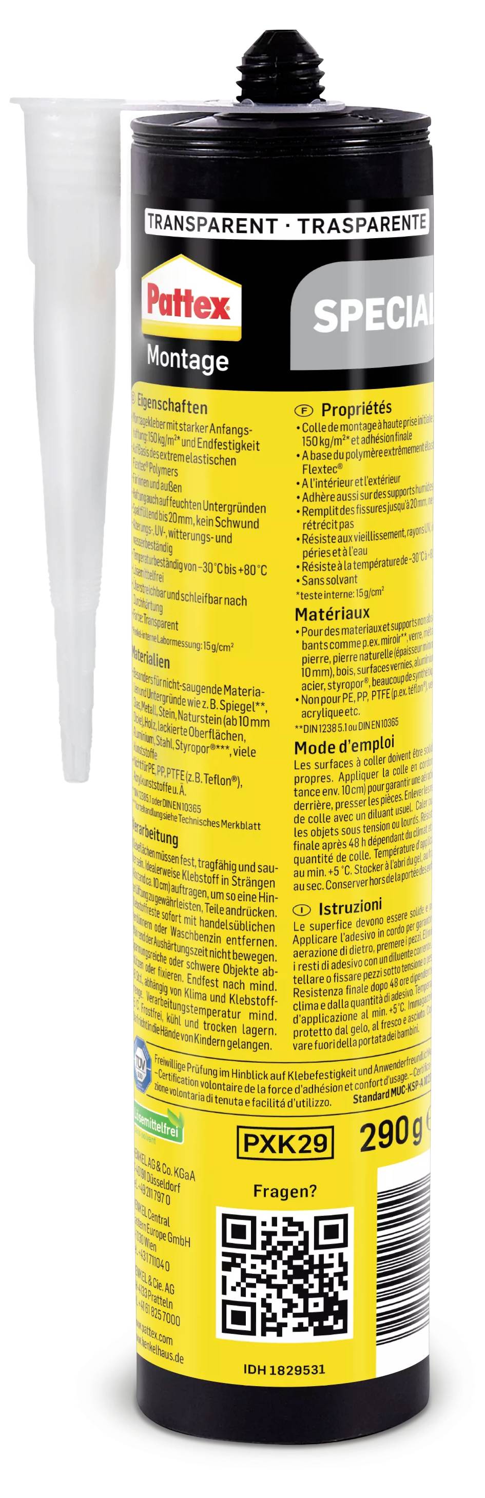 Cartouche transparente de colle et de mastic Pattex pour applications de montage spéciales. Contient 290g.