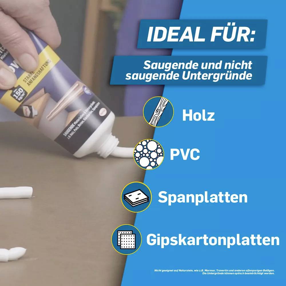 Une main applique un mastic à partir d'un tube sur une surface. Texte sur fond bleu : 'Idéal pour : Supports absorbants et non absorbants'. Liste : Bois, PVC, Panneaux de particules, Plaques de plâtre.