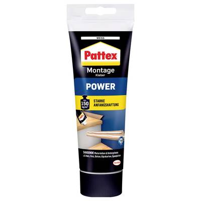 Un tube de colle de montage Pattex, 150 ml, portant l'inscription 'Power, forte adhérence initiale'. Adapté aux matériaux et surfaces absorbants.