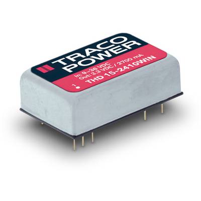 Convertisseur de tension électronique de TRACO POWER, modèle THD 15-2410WIN. Entrée : 9-36 VDC, Sortie : 24 VDC, 2700 mA.