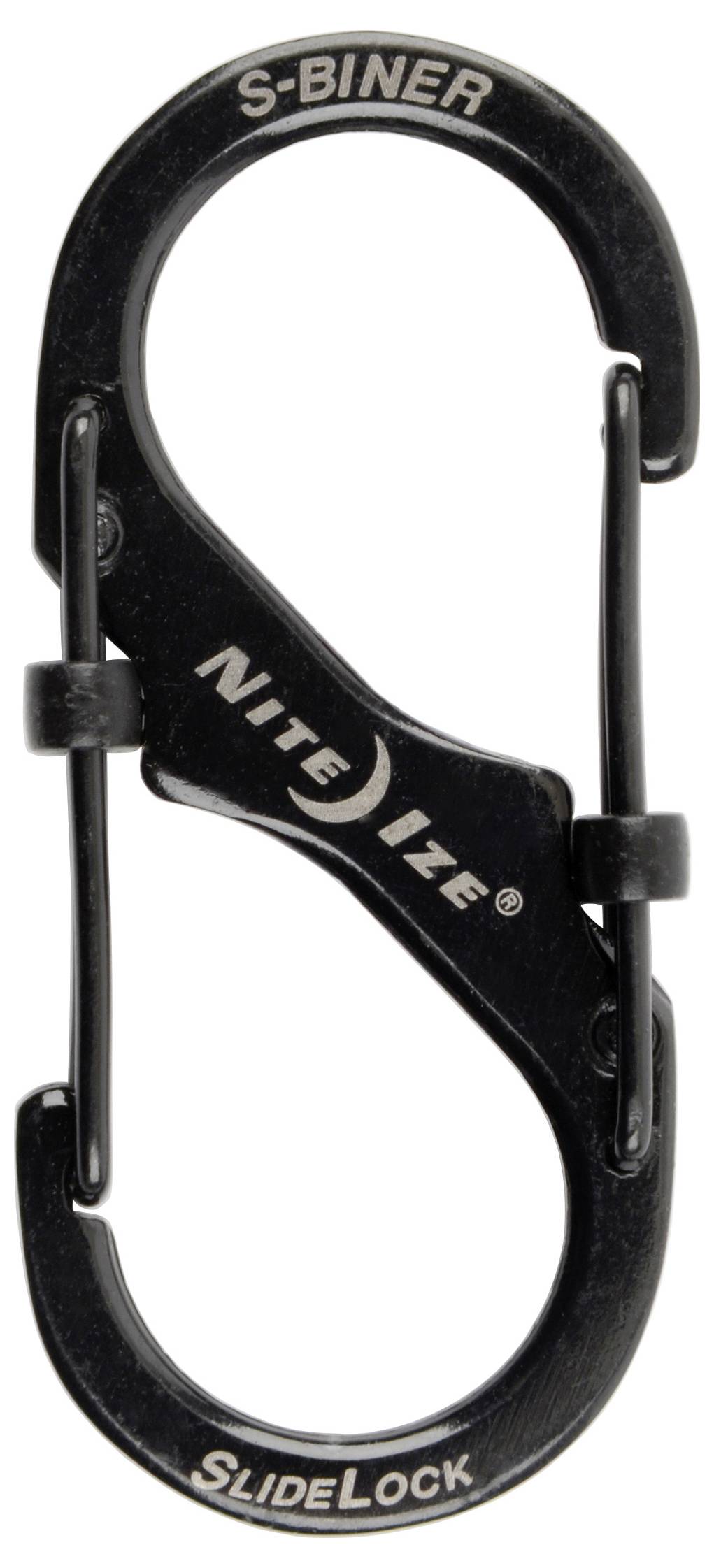 Un mousqueton noir en métal de type 'S-Biner' avec la marque 'Nite Ize', présentant un design à double porte avec des mécanismes de verrouillage coulissant sur les deux portes.