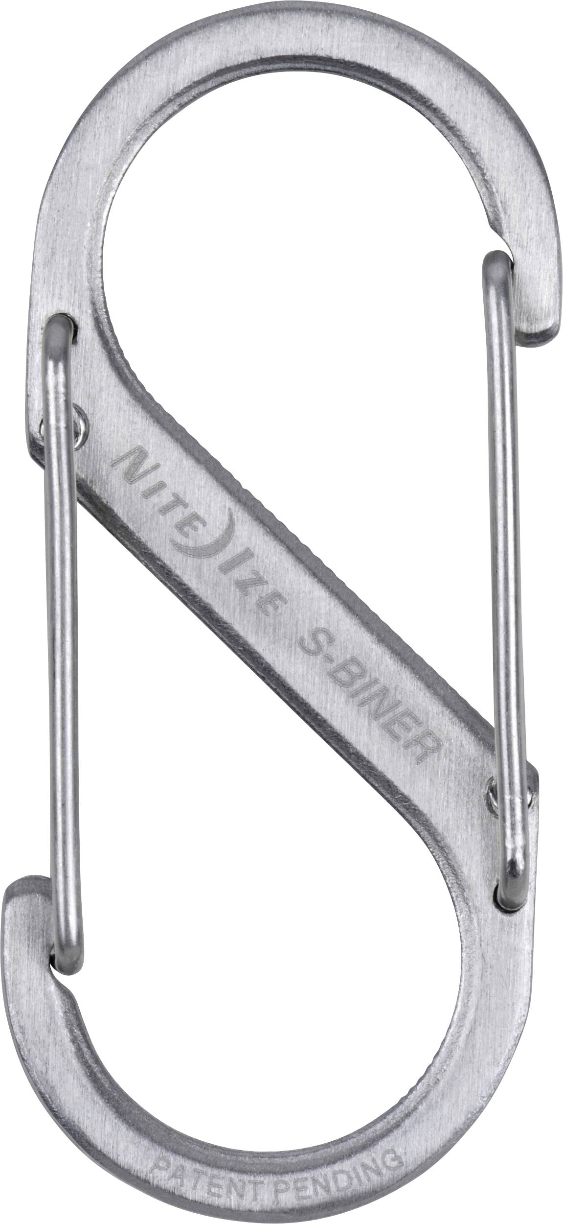 Un mousqueton argenté en forme de S avec deux portes à ressort, étiqueté 'Nite Ize S-Biner', utilisé pour connecter et sécuriser des objets.