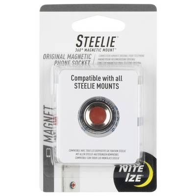 Un emballage pour un support magnétique Steelie 360°, comprenant un support magnétique pour téléphone. Le texte indique « Compatible avec tous les supports Steelie ».