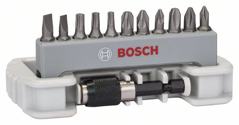 Un ensemble de tournevis à 10 pièces de Bosch avec des embouts pour différents types de têtes de vis et un support magnétique.