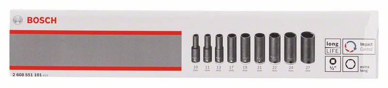Douilles Bosch de différentes tailles de 10 à 24 mm avec marquage 'long life'.
